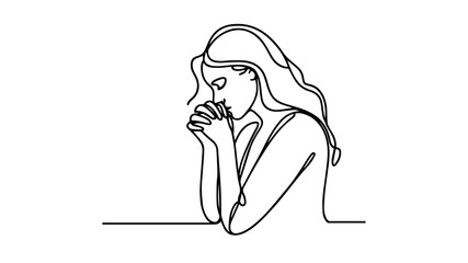 christian woman praying single line illustration vector