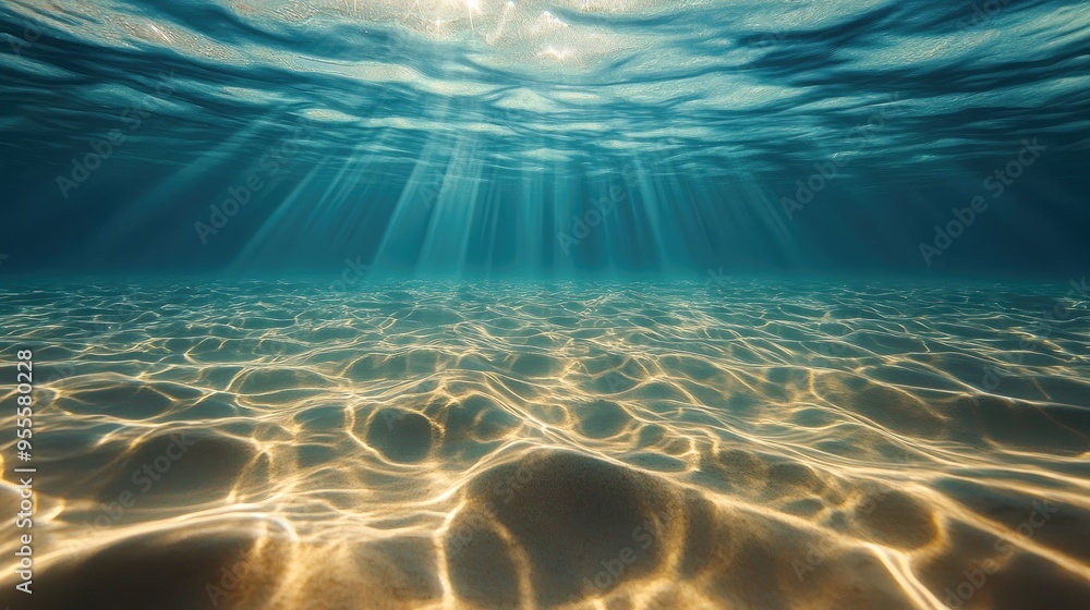 Poster a view of the riverbed underwater, with sunlight creating ripples on the sandy bottom, offering a se