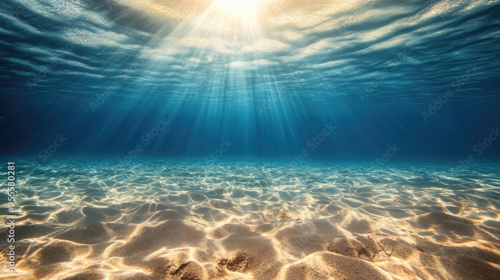 Poster a view of the riverbed underwater, with sunlight creating ripples on the sandy bottom, offering a se