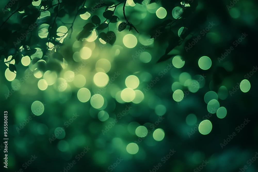 Poster a serene backdrop of soft green bokeh lights filtering through lush foliage on a tranquil evening in
