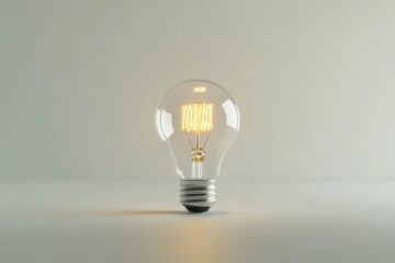A glowing light bulb sitting on a flat surface, showcasing its warm filament against a neutral background