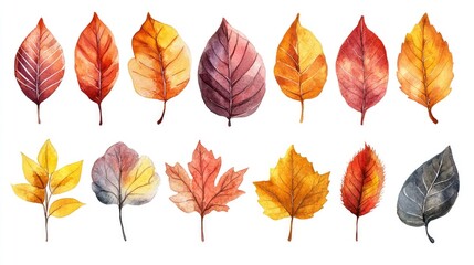 Obraz premium A watercolor illustration of various fall leaves in rich autumnal colors, ideal for artistic and seasonal designs with ample copy space.