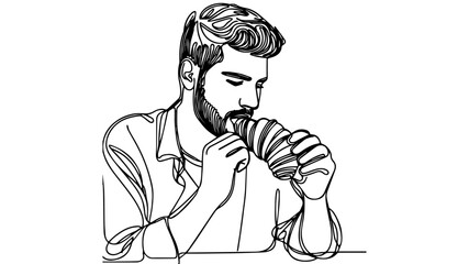 man sitting in a cafe eating a croissant single line art drawing