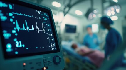 Fototapeta premium Close-up of a heart monitor in a hospital room, showing vital signs. Medical professionals are attending to a patient.