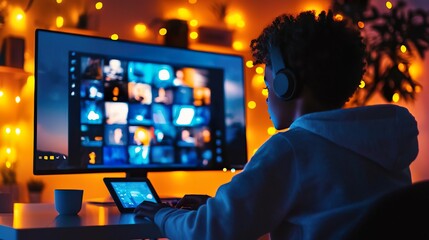 Fototapeta premium A young person engaging with a computer in a cozy, illuminated space, surrounded by twinkling lights, ideal for digital or gaming themes.