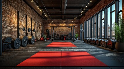 Fototapeta premium A weightlifting area with a barbell and plates, capturing the intensity of strength training with ample space for copy.