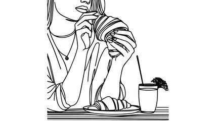 Close-up portrait of a woman sitting in a cafe eating a croissant single line art