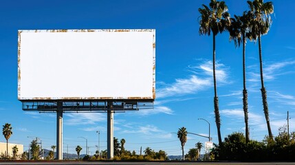 A blank billboard stands against a clear blue sky, framed by palm trees, creating a perfect canvas for advertisement or message.