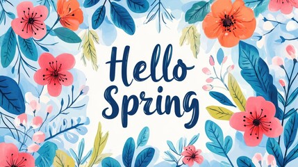 A welcoming "Hello Spring" design with a watercolor effect, showcasing flowers and leaves in soft tones, providing a serene and artistic background with room for copy.