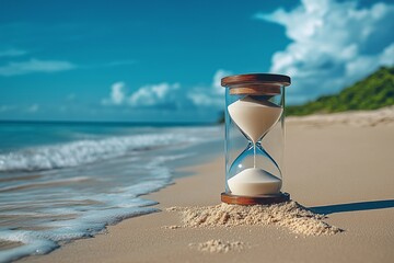 Hourglass on white sand beach