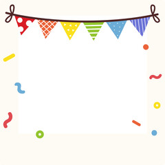 Birthday polaroid photo frame template. Photo frame with party banner and confetti. Holiday celebration, event, festival, anniversary concept. Flat decorative vector design isolated illustration.