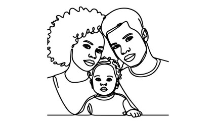 Closeup portrait of an afro american couple with their baby boy looking at camera line art drawing