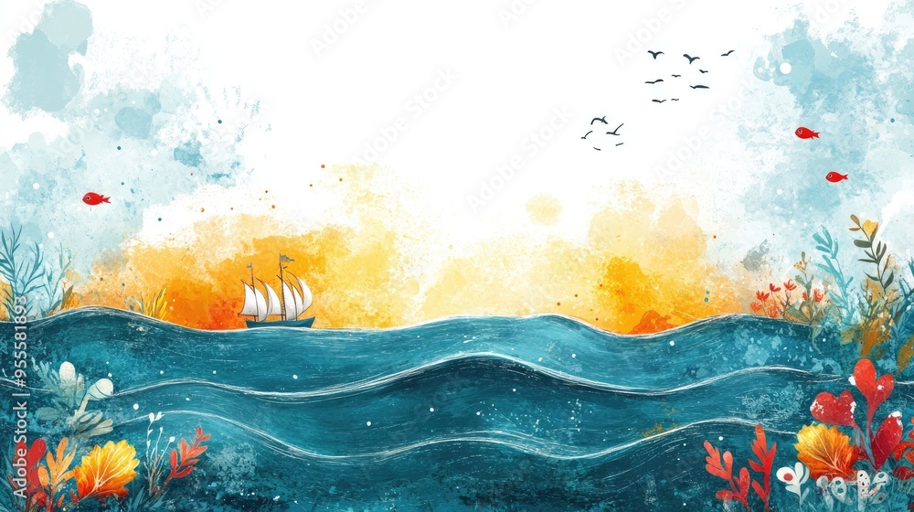 Aufkleber a whimsical border featuring waves and nautical icons, capturing the essence of the sea with space f