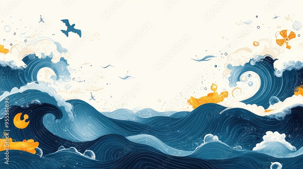 Aufkleber a whimsical border featuring waves and nautical icons, capturing the essence of the sea with space f