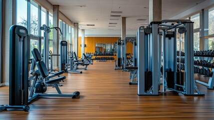 Fototapeta premium A well-organized gym with various machines and free weights, creating an inviting and professional workout space with room for copy.