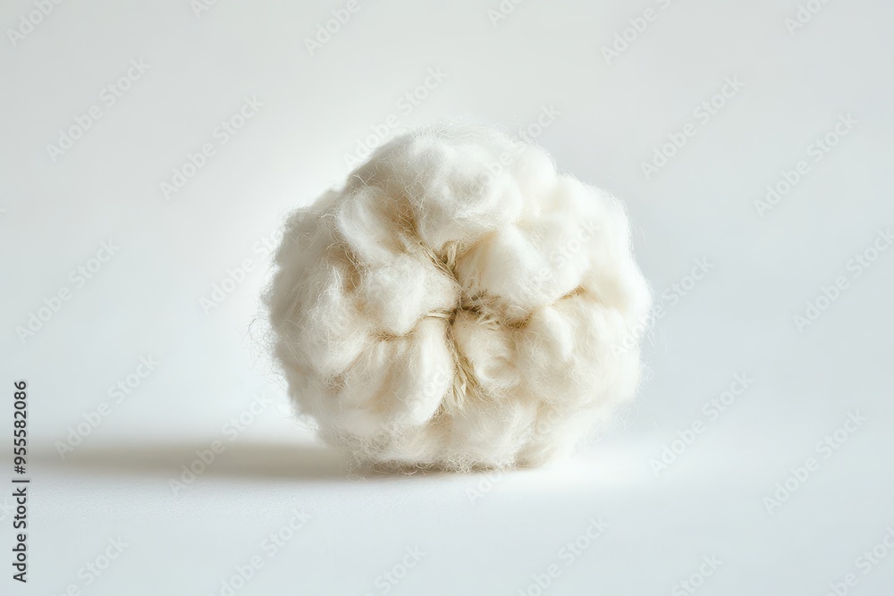 Wall mural close-up of a fluffy cotton ball resting on a smooth white surface in bright natural light