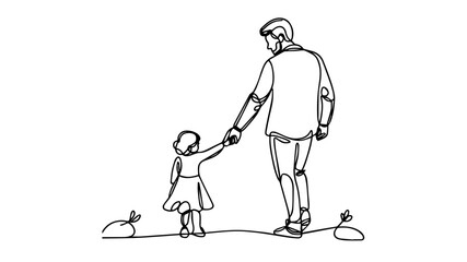 Father holding daughter's hand one line art vector