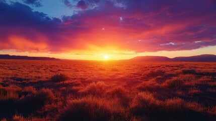 Obraz premium A wide landscape of New Mexico at dusk, with the sky ablaze in vibrant colors and the desert stretching out below, providing a breathtaking scene with ample copy space.