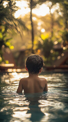 Child enjoys a sunset bath in a swimming pool amidst lush tropical surroundings