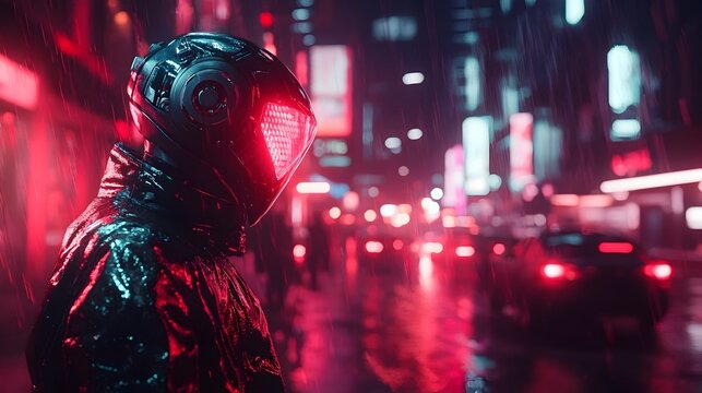 Detective Navigates Neon Drenched Futuristic Cityscape with Sleek High Tech Prosthetics - Powered by Adobe