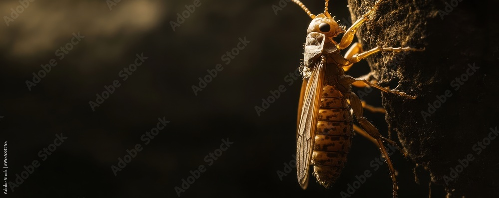 Poster close-up macro shot of an insect trapped on a sticky surface in a dark environment