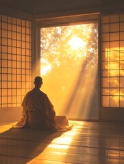 Serene Japanese Monk Meditating in Warm Golden Sunlit Zen Inspired Minimalist Setting