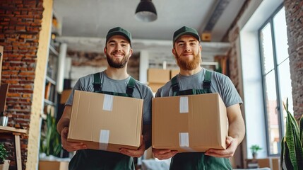 Two smiling delivery men hold cardboard boxes in a bright workspace, showcasing teamwork and professionalism in logistics.