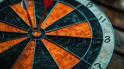 Close-up of a dartboard with darts, showcasing precision and focus in sports, targeting excellence in gameplay and competition.