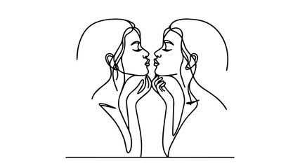 Girl kissing reflection of herself line art vector