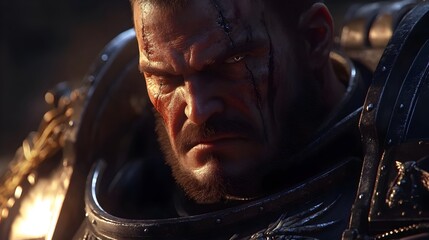 Steadfast Space Marine in Battle Worn Armor Exudes Unwavering Determination