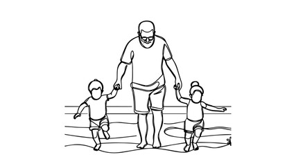 Grandpa playing with his two grandchildren at the beach line art vector