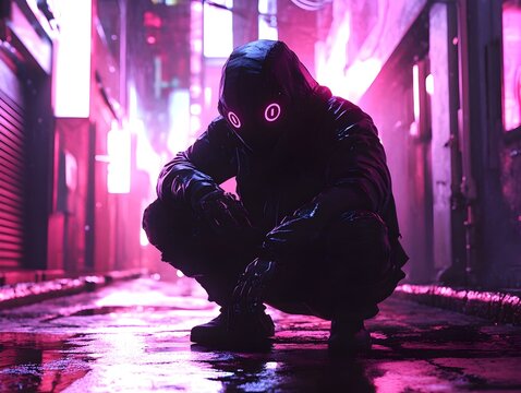 Cybernetically Enhanced Futuristic Mercenary Crouched in Shadows of Neon Lit Alley