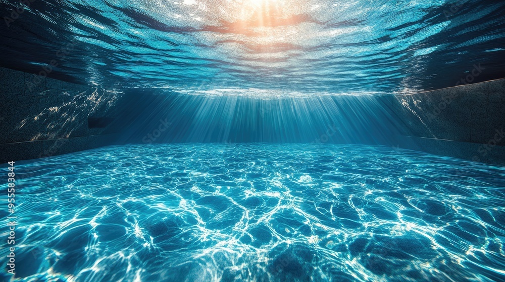 Poster a wide-angle underwater shot of a pool, with clear blue water and sunlight filtering in, creating a 