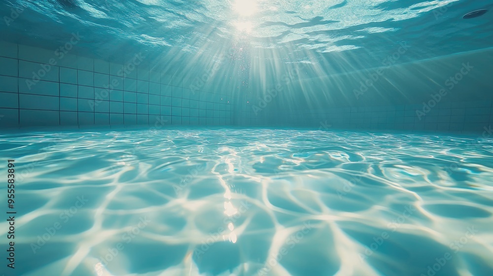 Poster a wide-angle underwater shot of a pool, with clear blue water and sunlight filtering in, creating a 