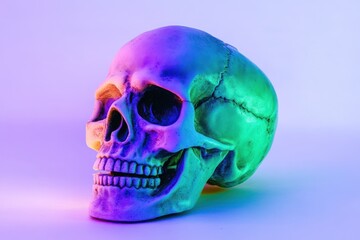 Obraz premium A colorful skull displayed artistically on a light surface with vibrant lighting effects at night