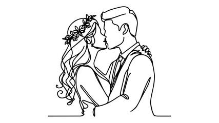 Husband and wife embracing during wedding line art vector