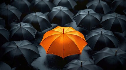 Obraz premium A vibrant orange umbrella stands out among a group of dark umbrellas, symbolizing individuality and resilience in adversity.