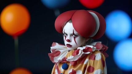 A whimsical clown child with colorful balloons in the background, capturing a blend of joy and curiosity in a playful setting.