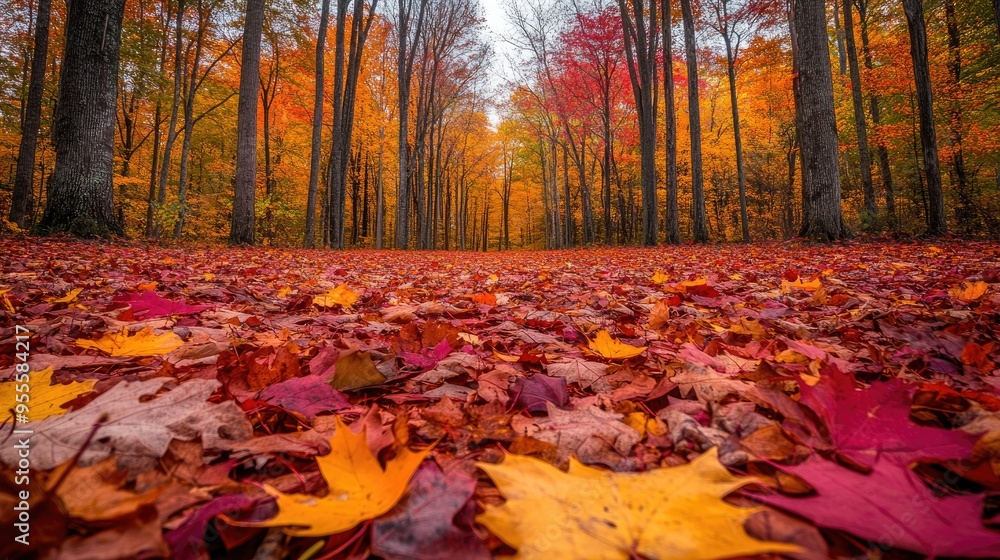 Poster A wide-angle view of a forest floor covered in a thick layer of fall leaves, with the trees overhead creating a canopy of color.