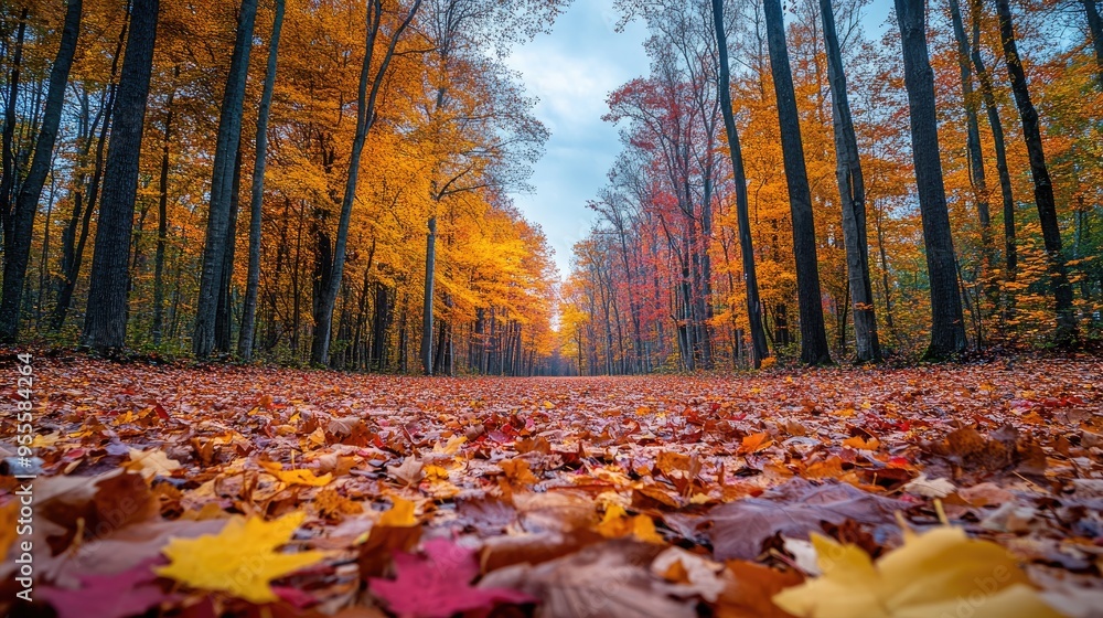 Poster a wide-angle view of a forest floor covered in a thick layer of fall leaves, with the trees overhead