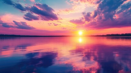 Fototapeta premium A wide-angle view of a lake at sunset, with the sun dipping below the horizon and the water reflecting the vibrant colors of the sky.