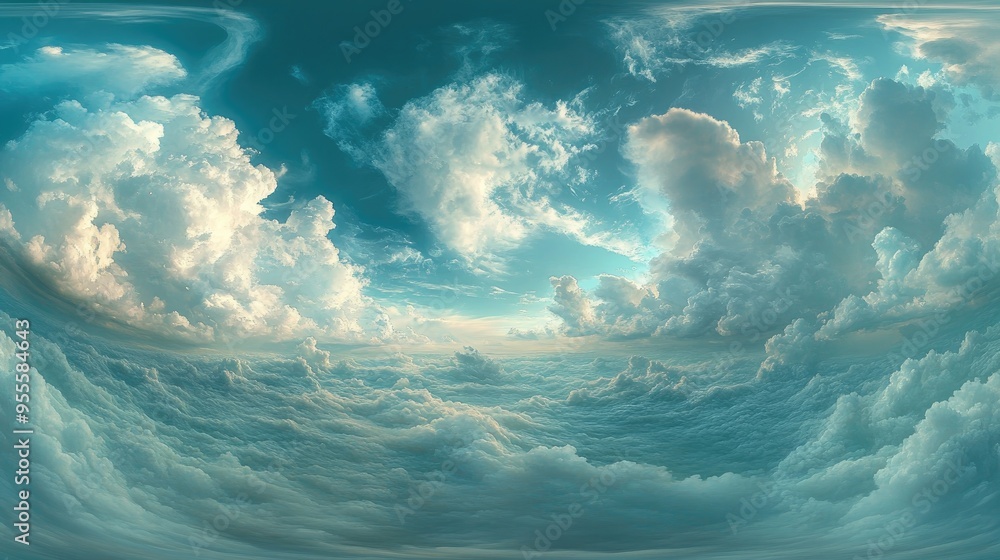 Poster a wide-angle view of a sky filled with clouds of various shapes and sizes, creating a dynamic, ever-