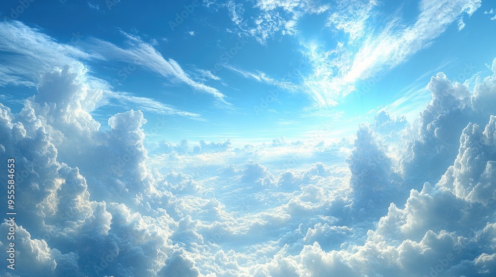 Poster a wide-angle view of a sky filled with clouds of various shapes and sizes, creating a dynamic, ever-