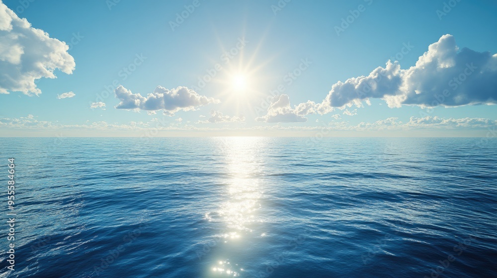 Poster a wide-angle view of a sunlit ocean with the sun reflecting off the water, creating a bright and inv