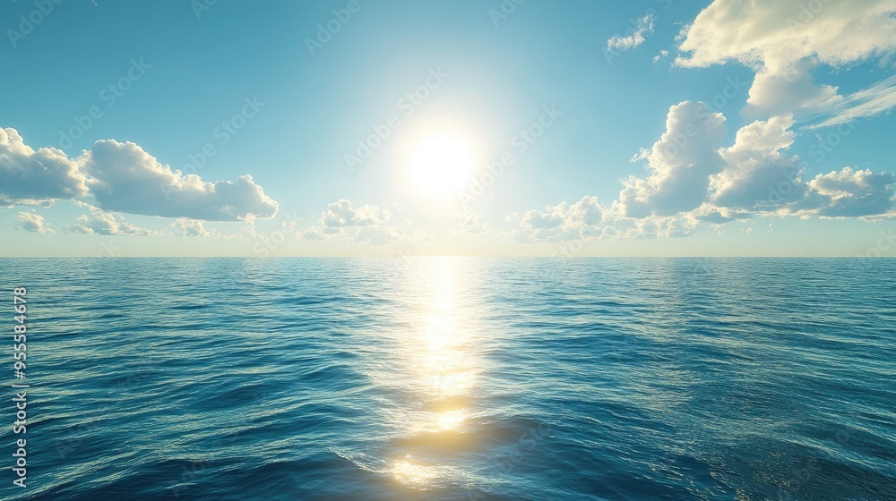Poster a wide-angle view of a sunlit ocean with the sun reflecting off the water, creating a bright and inv