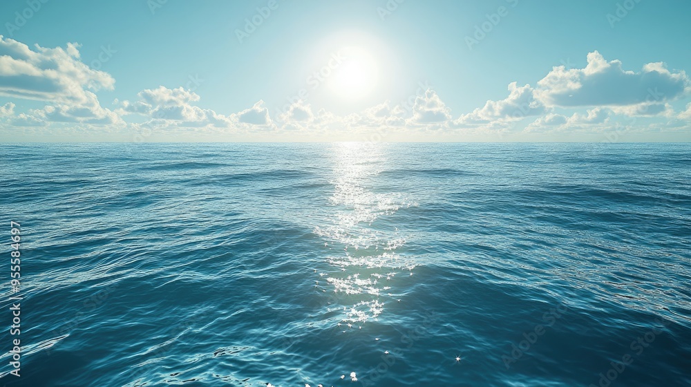 Aufkleber a wide-angle view of a sunlit ocean with the sun reflecting off the water, creating a bright and inv