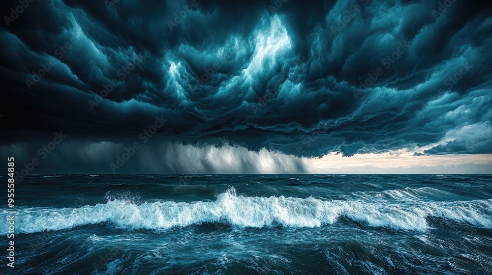 Poster a wide-angle view of a wind storm approaching over the horizon, with dark clouds and strong winds, c