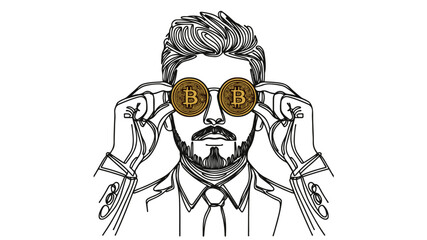man with bitcoin glasses one line art vector