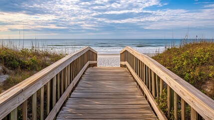 Emerald Isle NC: Boardwalk Entrance to Beach with Sea View