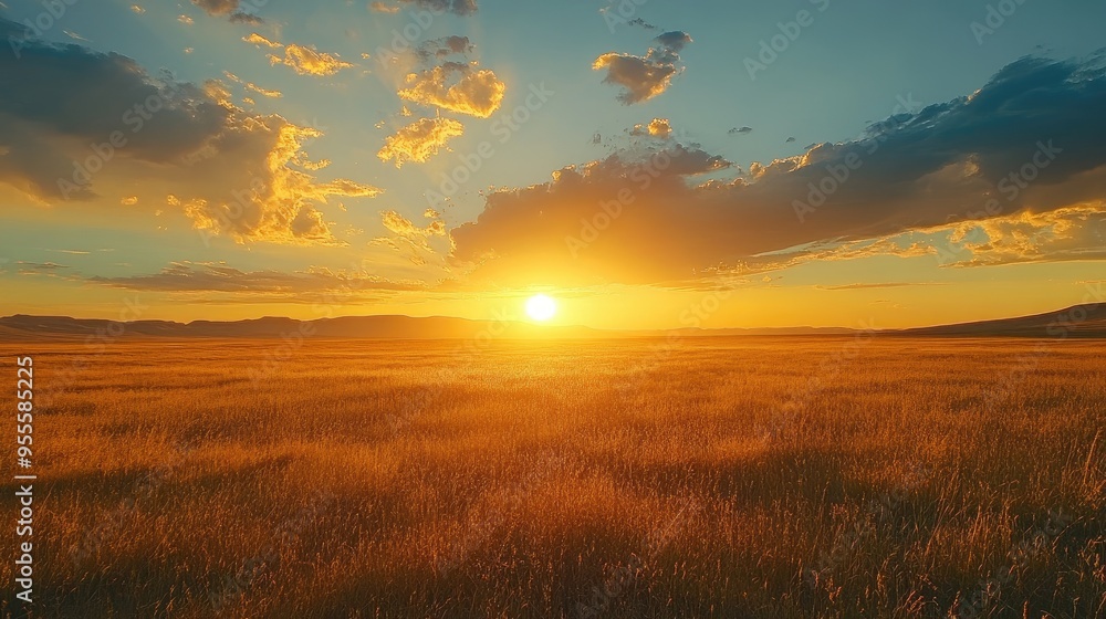 Poster a wide-open field with the sun setting on the horizon, casting a warm glow on the clouds above.